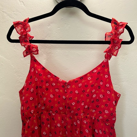 Madewell Red Floral Faux Wrap Dress With Ruffle Straps - Picture 5 of 7
